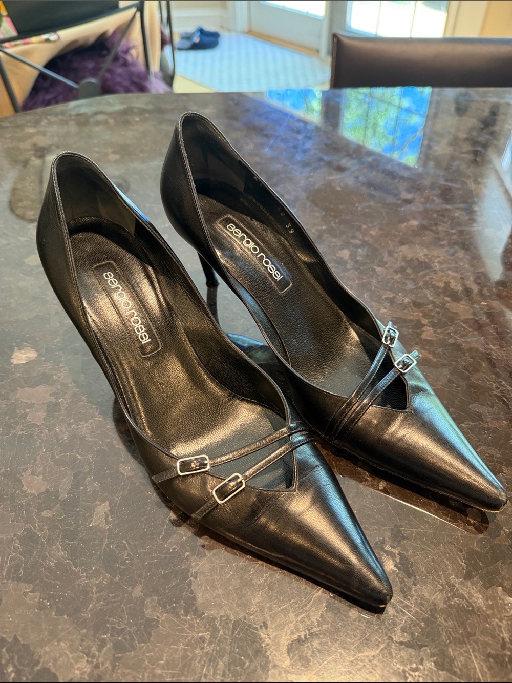 Sergio Rossi Black Leather Pointed-Toe Double-Strap Pumps